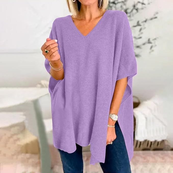 Image of Pinclodly Womens Poncho Sweater Women V Neck Ponchos and Wraps Batwing Sleeveless Shawl Pullover Sweaters Women's Clothing