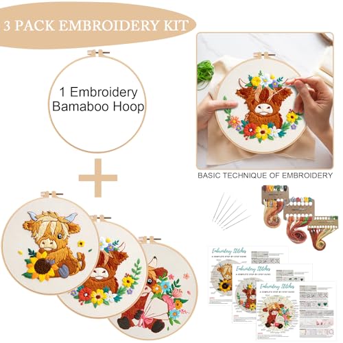 Image of Nuberlic Highland Cow Embroidery Kit 3 Pack Embroidery Kits for Adults Beginners Starter Cross Stitch Kit Set with Floral Designs - Perfect DIY Gift