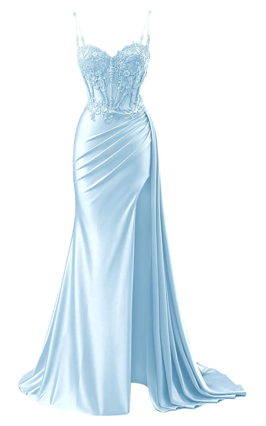 Yiann Women's Light Blue Mermaid Prom Dresses For 2025 Satin Spaghetti Strap Evening Gowns With Slit Uk6