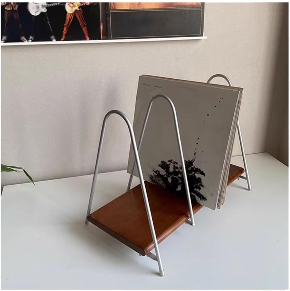 Cd Dvd Storage Open Desktop Creativity Vinyl Record Rack with Wooden Base and Metal Bracket
