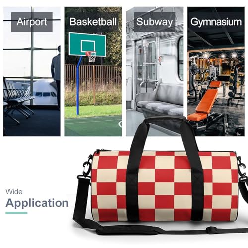 Red And Cream Plaid Checkered Gym Bag for Women Men Travel Duffle Bag Carry on Weekender Tote Bag Lightweight3