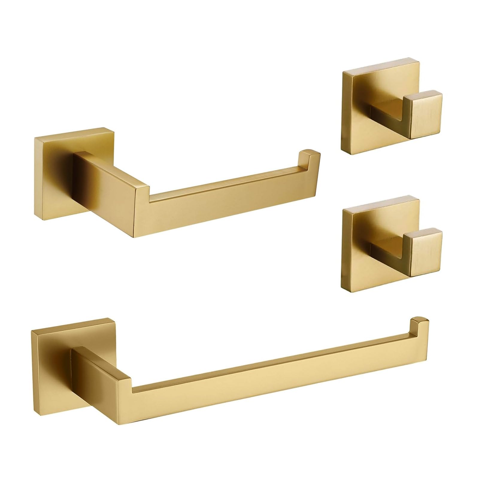 Bathroom Towel Rack Set 4-Pieces Brushed Gold Stainless Steel Square Bathroom Accessory Set Includes Towel Rail, Toilet Paper Holder, Towel Hooks