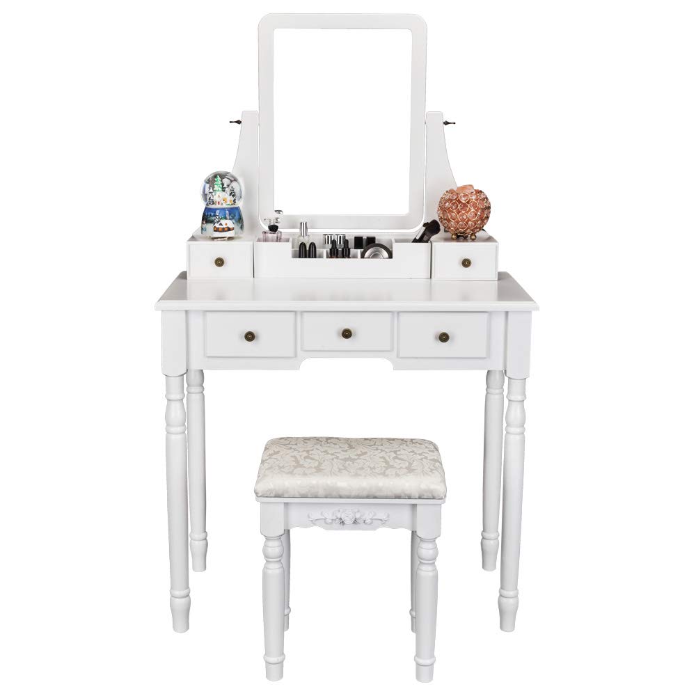 FCH Vanity Set with Oblong Mirror & Cushioned Stool, Wood Dressing Table Vanity Makeup Table 5 Drawers 2 Dividers for Girls Women Bedroom, White
