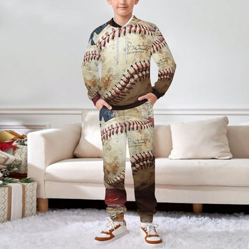 Boy's Girl's 2 Piece Outfits Graphic Sweatshirt Kid Long Sleeve Hoodie Set, Baseball American Flag Vintage3