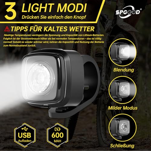 SPGOOD Fahrradlicht Set, StVZO Zugelassen Fahrradbeleuchtung, Bike Light USB Aufladbar Type-C,...