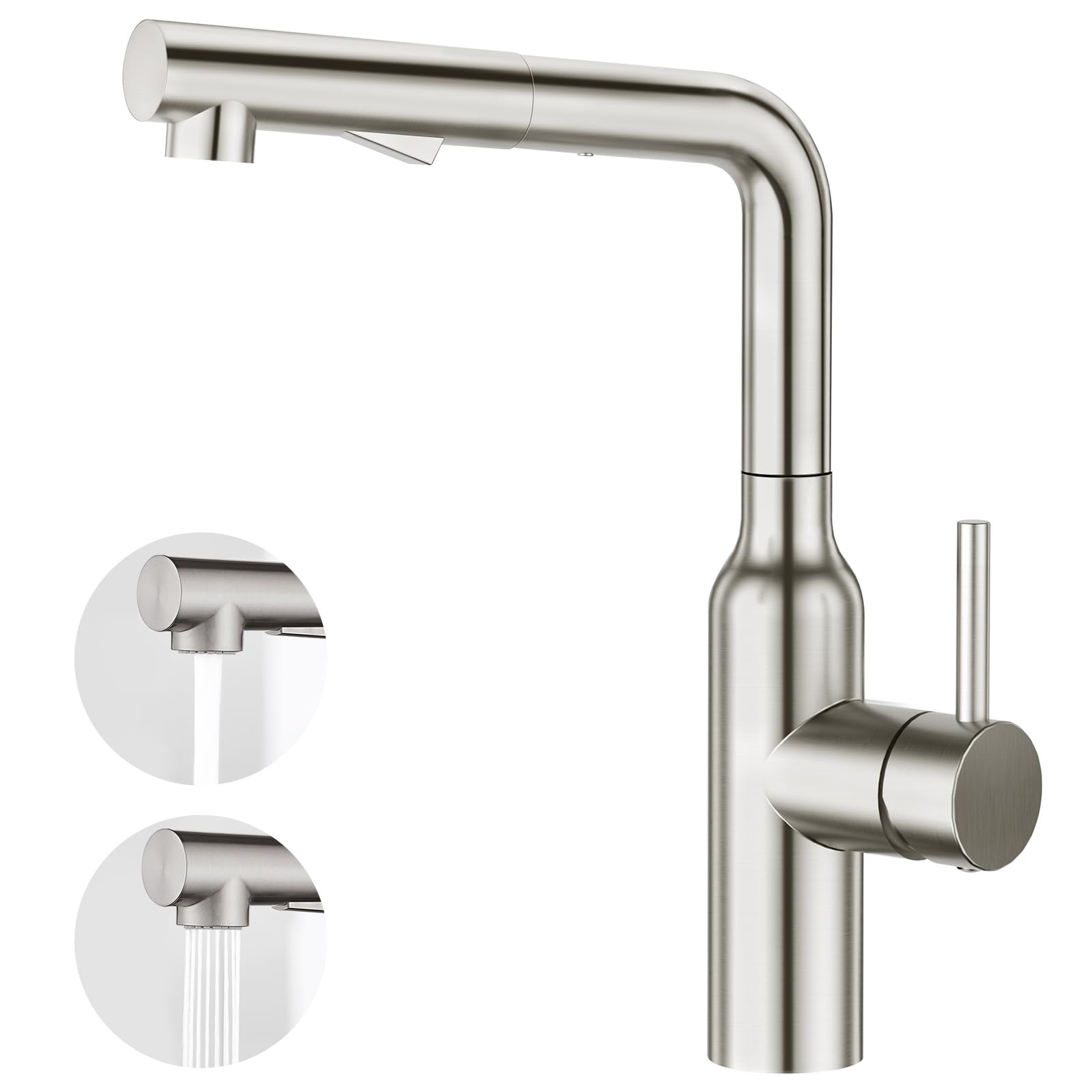 Modern Kitchen Sink Mixer Tap, Kitchen Tap with Pull Out Spray 3 Functions, High Pressure Single Lever Mixer Sink Tap 360° Swivel Extendible, Stainless Steel Brushed Matte, UK Standard