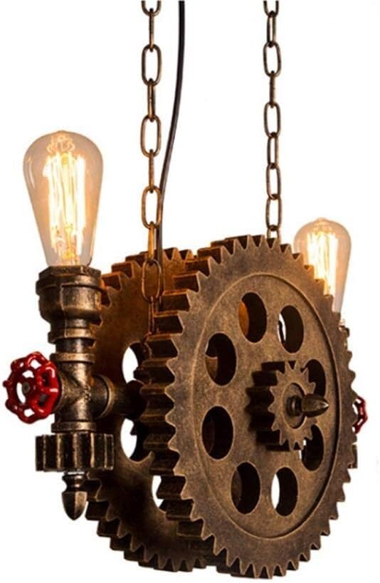 2-Lights Wooden Wheel Ceiling Hanging Light Industrial Retro Metal Restaurant Bar Ajustable Pendant Light