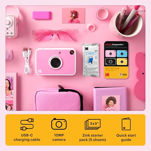 Image of Kodak Printomatic+ Instant Print Digital Camera Starter Bundle + Carrying Case (Pink) + Zink 20pk Sticky-Back Photo Paper - 10MP, Full-Color Photos, GB LED Status Indicator - Pink