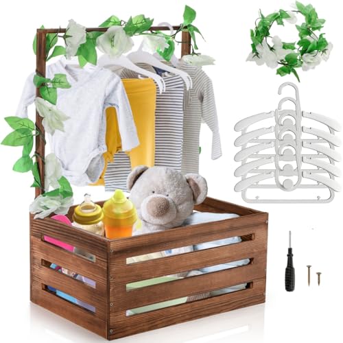 Acshio Baby Shower Crate Closet, Wooden Vintage Storage Crate with 5 Hangers 1 Artifical Garland, Large Welcome Gift Hamper Basket for Pregnancy Gifts New Parents