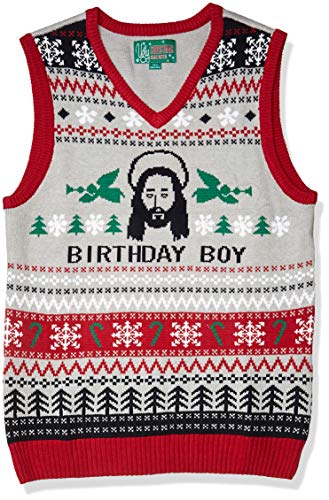 Ugly Christmas Sweater Company Men's Assorted Xmas Themes, Silver Heather Birthday Boy Sweater Vest, Large