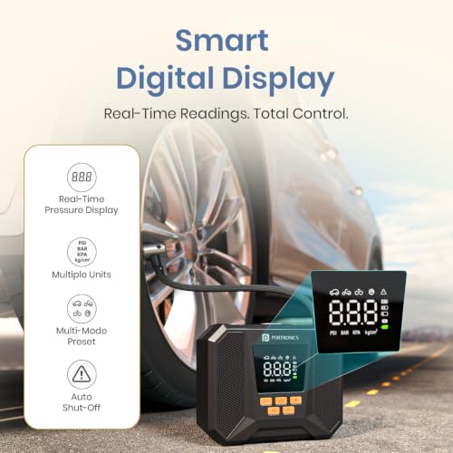 Image of Portronics Vayu Neo 2-in-1 Corded & Cordless Tyre Inflator, 150 PSI, 3x2000mAh Battery, Digital Display, Auto Shut-Off, Type-C Charging & LED Light for Car, Bike, Cycle & Balls (Black)