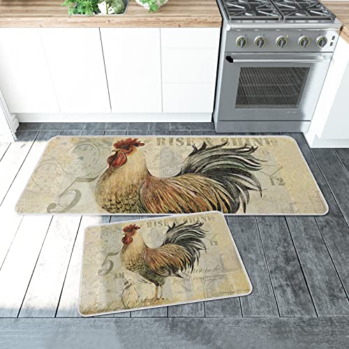 2 Piece Kitchen Mats Cushioned Anti Fatigue Chicken Cock Rooster Waterproof Non Slip Kitchen Rugs Washable Indoor Outdoor Vintage Rustic Farmhouse 15.7X23.6+15.7X47.2 #TOP1
