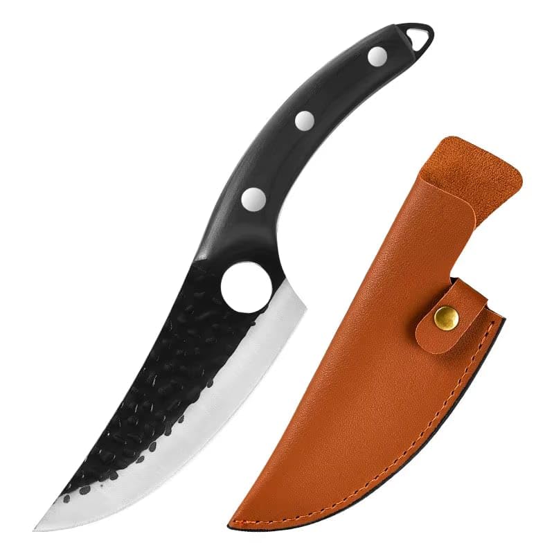 Image of 8 Inch Boning Knife Hand Forged Full Tang Chef Knife Razor Sharp Butcher Knife with Leather Sheath for Meat BBQ Camping Outdoor Viking Style Kitchen Knife
