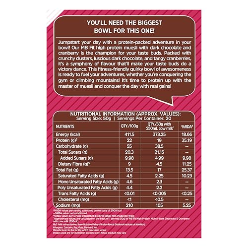 Image of MuscleBlaze Fit High Protein Muesli (1kg, Dark Chocolate & Cranberry) | 22g Protein | With Raisins, Almonds & Super Seeds,High Protein Breakfast Cereals