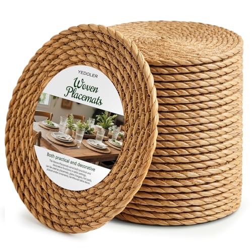 Image of 24 Pcs Round Woven Placemats - Yedoler 13 in Farmhouse Boho Straw Heat Resistant Outdoor Patio Rattan Wicker Table Mats, Natural Water Hyacinth Place Mats Coasters for Dining Table,Home,Wedding