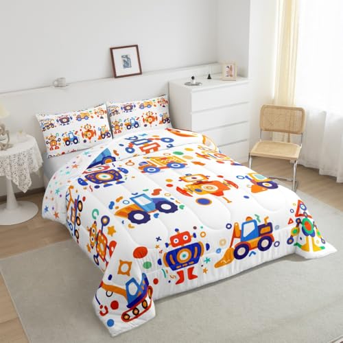 Image of Feelyou Cute Robots Bedding Set Kids Boys Girls Truck Tractor Excavator Comforter Set Toddler Size Watercolor Machine Equipment Duvet Insert Colorful Kawaii Room Decor,Blue Yellow
