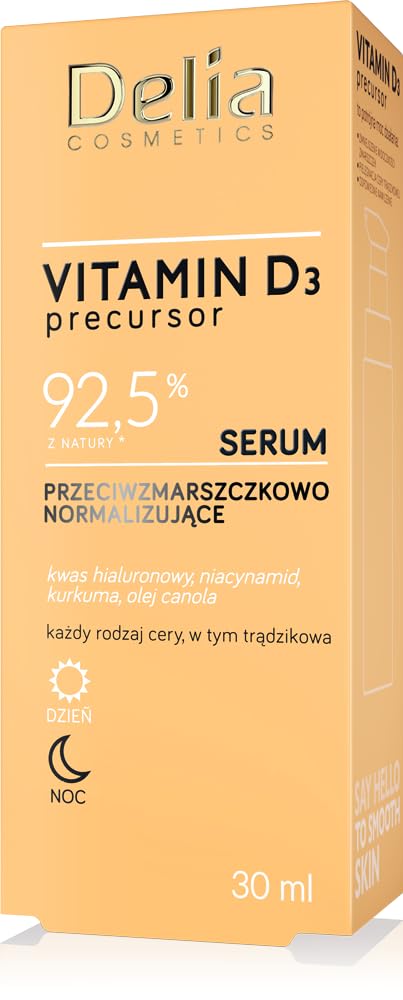 Delia CosmeticsVitamin D3 Precursor - Anti-Wrinkle Normalising Serum - All Skin Types – Acne Skin – Hydrating – Firming – Hyaluronic Acid – Niacinamide – Tumeric – Canola Oil – 30ml
