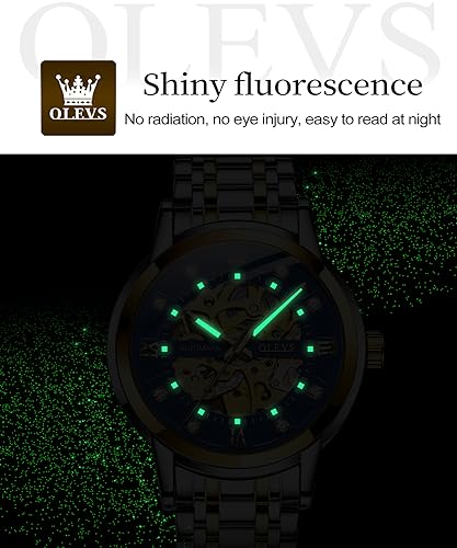 Image of OLEVS Men's Gold Skeleton Watch Automatic Mechanical self Winding Luxury Dress Stainless Steel Waterproof Luminous Wrist Watches