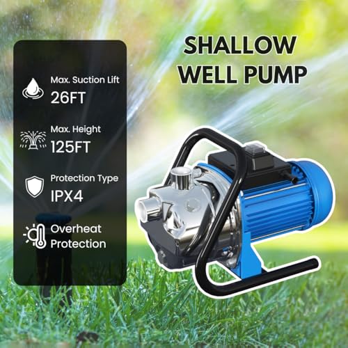 FOTING 1HP Portable Shallow Well Pump, 876GPH Garden Pump Stainless Steel, 125FT Jet Pumps, Water Pressure Booster Pumps, Water Transfer Lawn Draining Sprinkler Garden Irrigation - Thumbnail 2