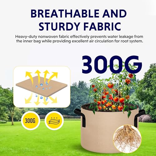 Image of iPower 5 Pack 25 Gallon Tan Grow Bags, Garden Planting Nonwoven Fabric Pots with Reinforced Handle, Heavy Duty and Aeration Planter Pot for Tomato, Fruits, Vegetables and Flowers