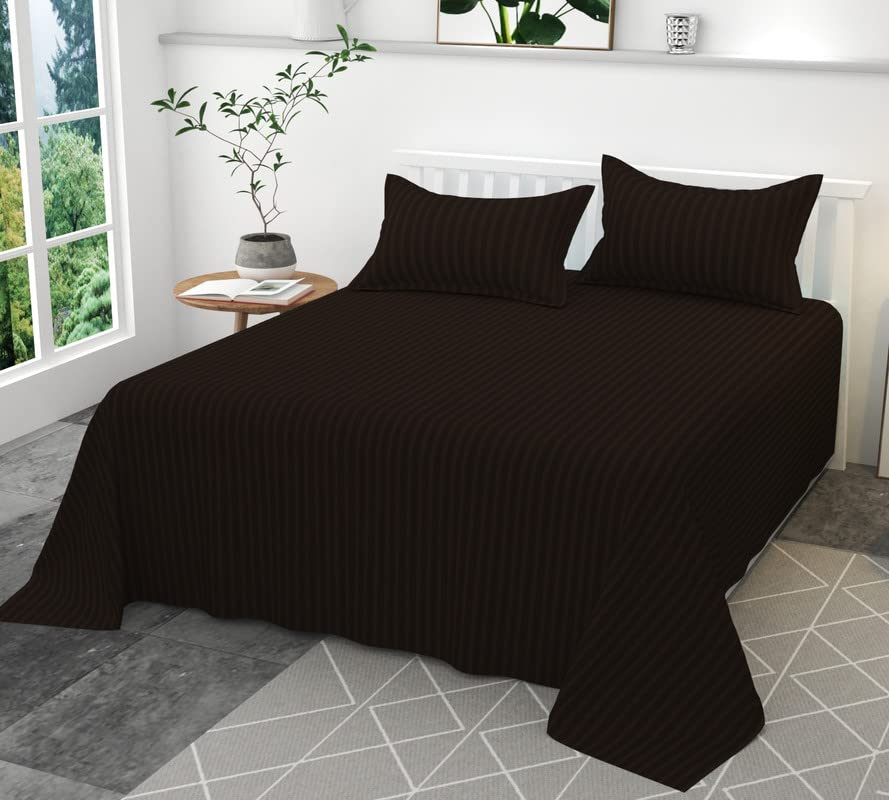 MAYSHA CREATIONS 300TC Glace Cotton Plain Stripe Queen Size Double Bedsheet with 2 Pillow Cover for Home, Hotel, Guest Room (90 X 100) Inch Brown Pack 5