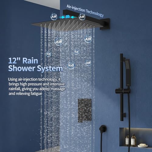 Image of SR SUN RISE 12 Inch Square Shower System with Slide Bar,Matte Black