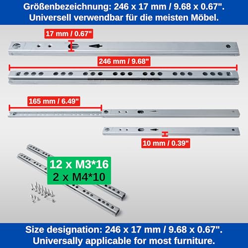 Schubladenschiene 246 x 17 mm, 1 Paar, mit Kugellager, Länge 246 mm, 17 mm Nutbreite, Teilauszug Gleitschiene mit Auszugsanschlag, Auszugsschiene aus verzinktem Stahl, Führungsschiene Schublade Set