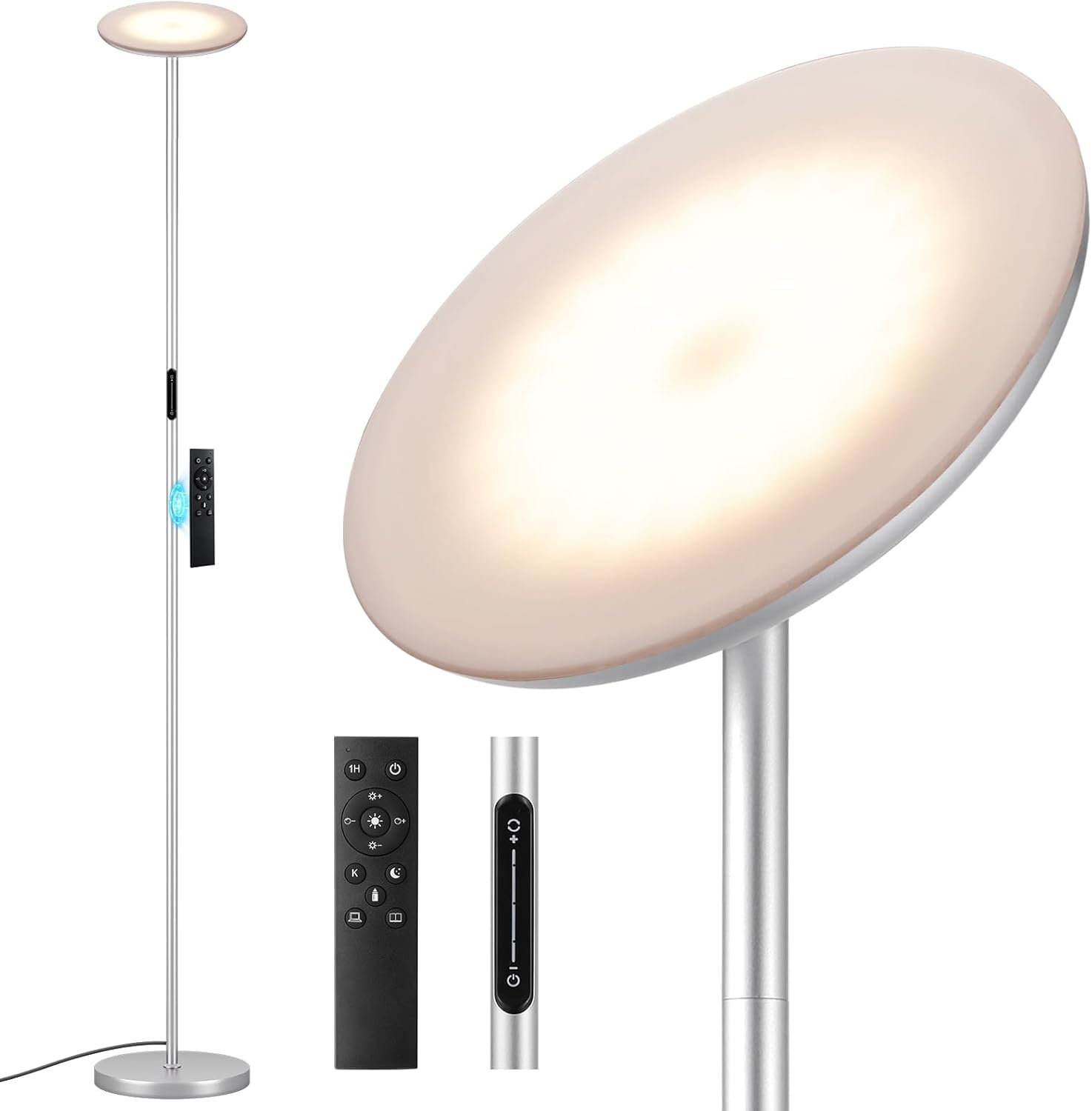 Stehlampe Wohnzimmer LED, 36W, Moderne Stehleuchte mit Fernbedienung & Touch-Steuerung, 3 Farbtemperaturen, Stufenlos Dimmbar, Leselampe Stehlampe für Wohnzimmer Schlafzimmer Büro(Silbergrau)
