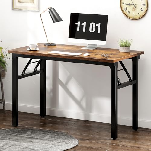 Image of Need 39.4 Inch Folding Desk for Small Spaces, Home Office Computer Desk with Rustic Brown Tabletop & Black Metal Frame, Foldable Writing Table for Study, Bedroom, Dorm Room & Student