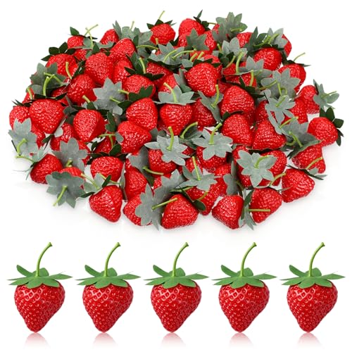 Lyksgir 120 Pieces Fake Plastic Strawberries Artificial Strawberries Faux Realistic Strawberry Decor Lifelike Fruit for Home Kitchen Festival Party Photography Cake Decoration
