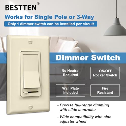 Image of BESTTEN 2 Pack Almond Dimmer Wall Light Switch, Compatible with Dimmable LED, CFL, Incandescent and Halogen Bulb, Single Pole or 3-Way Dimmer Switches, 120VAC, Decorator Wall Plate Included