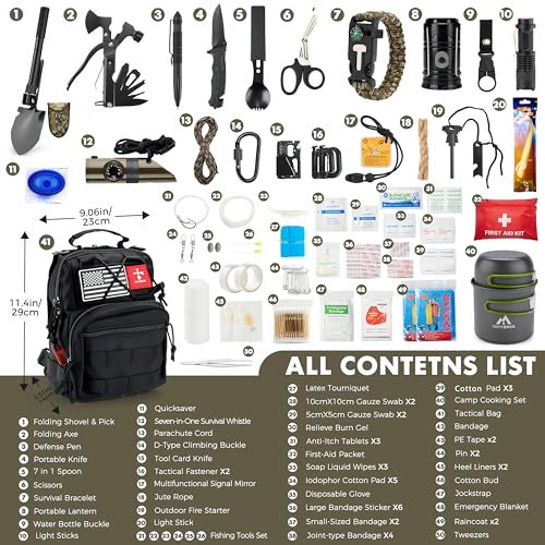 Survival Kit, 246Pcs Emergency Survival Gear with First Aid Kit, Tactical Bag, Camping Axe, Folding Shovel & Solo Camping Pot, Bug Out Bag for Camping Hiking Earthquake Preparedness Gifts for Men - Image 2