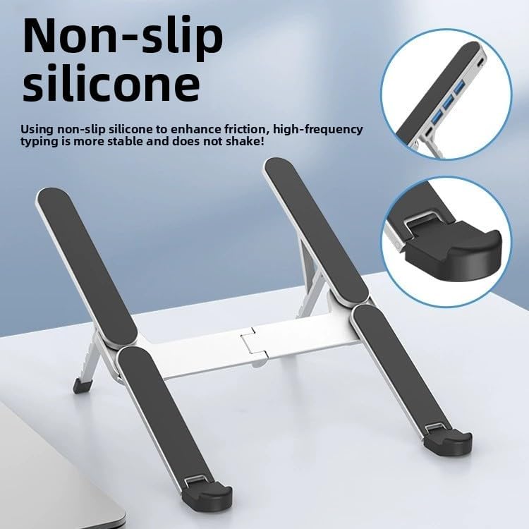 Miniatura 7 de YUATAUY - Soporte ultra compacto para laptop con concentrador USB de 4 puertos, elevador ergonómico de altura ajustable de 6 niveles, soporte de