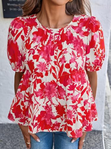 Image of Tankaneo Womens Puff Sleeve Peplum Babydoll Tops Summer Flowy Pleated Cotton T-Shirts Casual Loose Fit Cute Blouse