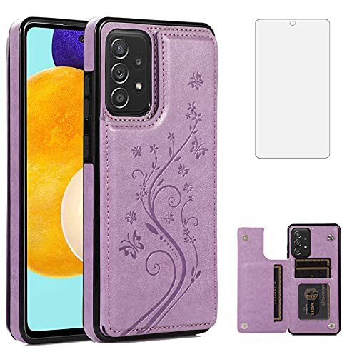 Phone Case for Samsung Galaxy A53 5G 2022 with Tempered Glass Screen Protector Card Holder Wallet Cover Stand Flip Leather Cell Accessories Gaxaly A53 G5 Galaxies 53A SM A536U Cases Women Purple