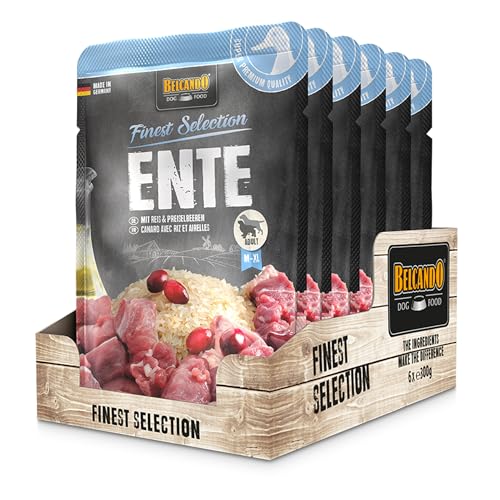 BELCANDO Frischebeutel [6x300g Ente mit Reis & Preiselbeeren] | Nassfutter für Hunde | Feuchtfutter Alleinfutter im Einzelportionsbeutel