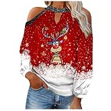 YWLINK Mujeres Casual Off-Hombro Estampado Navidad Manga Larga Camisa Ollas Camiseta Deportiva Niños Manga Larga, Rojo n.º 3., L