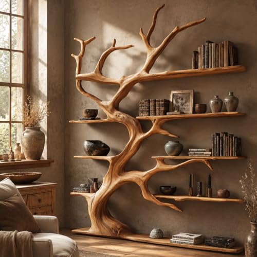 PREAUREUM Tree Bookshelf Handcrafted Natural Wood Tree Branch Wall Bookcase Sculptural Floating Shelves for Living Room Study and Home Library Driftwood Decor