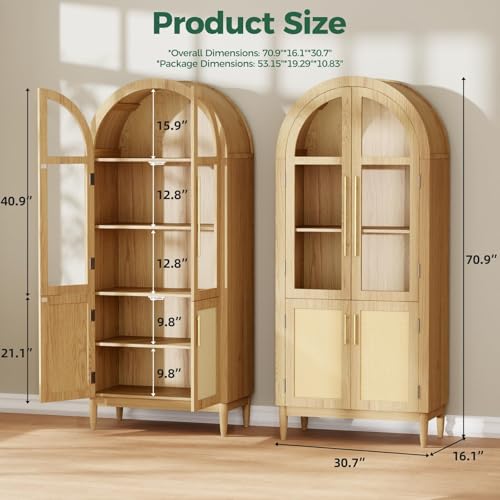 Image of 71 inch Tall Arched Pantry Cabinet with Glass Doors, 5-Tier Modern Kitchen Storage Cabinet, 3 Adjustable Shelves Wooden Pantry Storage Cabinet for Kitchen, Dining Room, Living Room, Oak