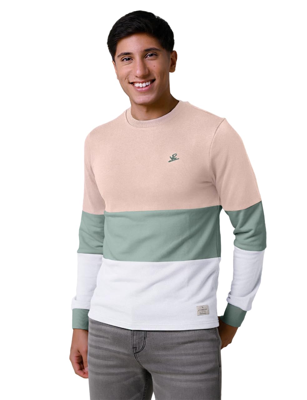 Enorsia Long Sleeves Colourblock T-Shirt With Crew Neck and Ribbed Design On The Cuffs - Cream, M