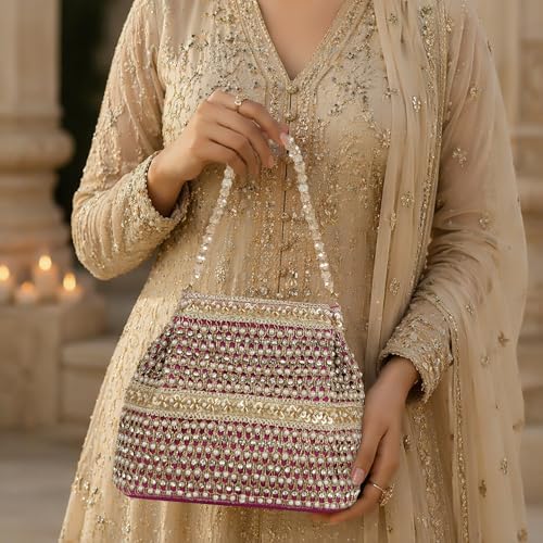 Image of Nevis Silk Fabric Premium Pearl & Crystal Embroidered Potli Bag for Women | Ethnic Bridal Clutch with Golden Handle | Party & Wedding | Potli Bag