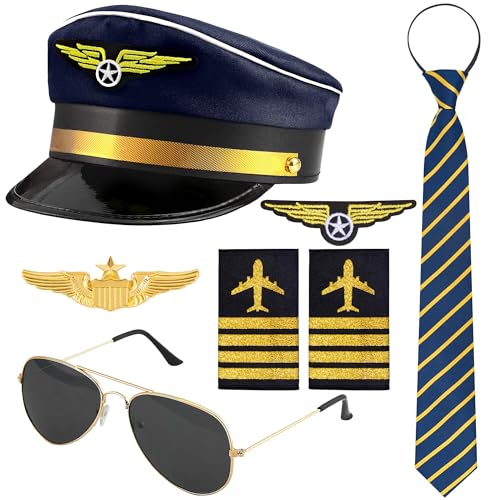 Horolam Pilot Kapitän Kostüm Zubehör, Pilot Kostüm Kit Mit Kapitän Hut Pin Krawatte Abzeichen Schulterriemen Sonnenbrille Für Erwachsene Männer Für Party Dress up (7 PCS) (Blue)