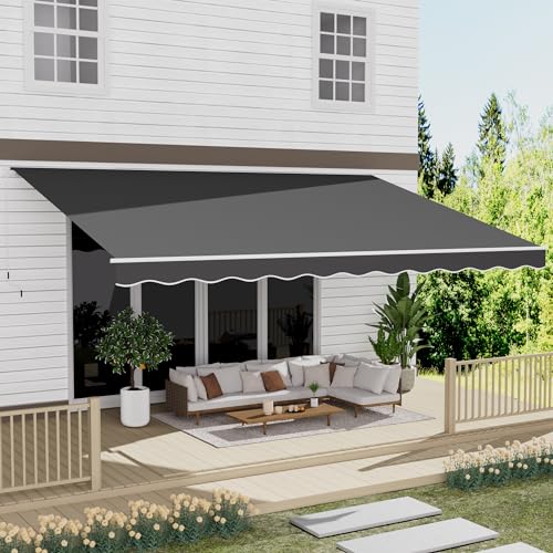 GDPFN 13' x 8' Awning for Patio, Sunsetter Retractable Waterproof Cover Outdoor Canopy, Sun Shade with Manual Crank Handle, Porch Awning for Patio, House, Deck, Dark Gray