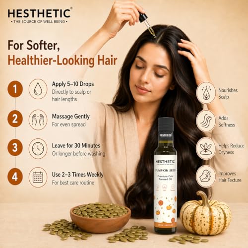 Image of HESTHETIC Cold Pressed Pumpkin Seed Oil 250ml for Hair, Scalp & Skin | Unrefined Virgin Beauty Oil Rich in Zinc & Plant Omega-6 | Glass Bottle | Hair-Thickening Scalp Massage
