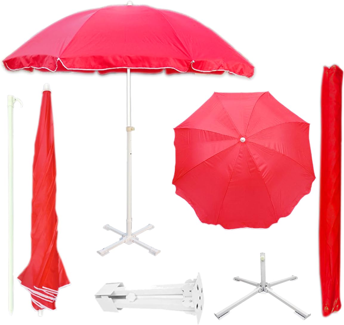 RAINPOPSON Outdoor Garden Umbrella With Stand Big Size Patio Garden Umbrella (Red) 7Ft