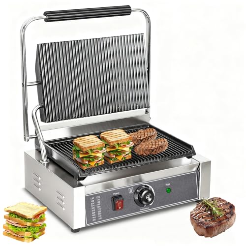 CTJ Commercial Panini Press Stainless Steel Electric Sandwich Maker - 2200W Countertop Panini Grill Press with Temp Control for Sandwich, Burger, Steak, Bacon, Grilled Cheese & Breakfast