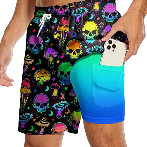 Skull Mushroom Mens Swim Trunks with Compression Lined 7'' Inseam Skull Quick Dry Beach Shorts with Pockets XL3