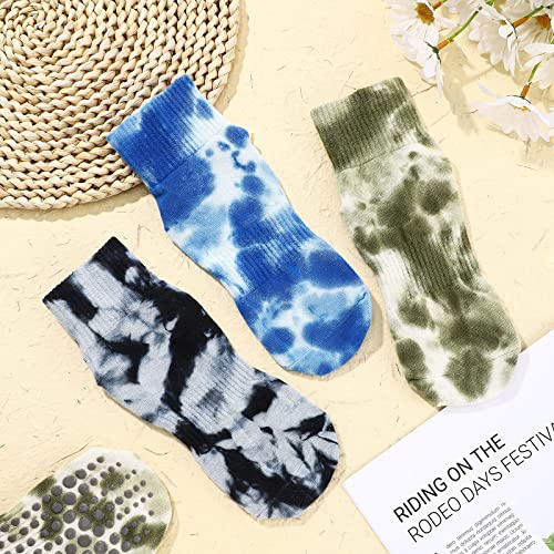 Handepo 3 Pairs Yoga Pilates Socks with Grips Tie Dye Yoga Socks Athletic Cushioned Crew Sock Pilate Non Slip Sock Women, As the Pictures Shown, One size