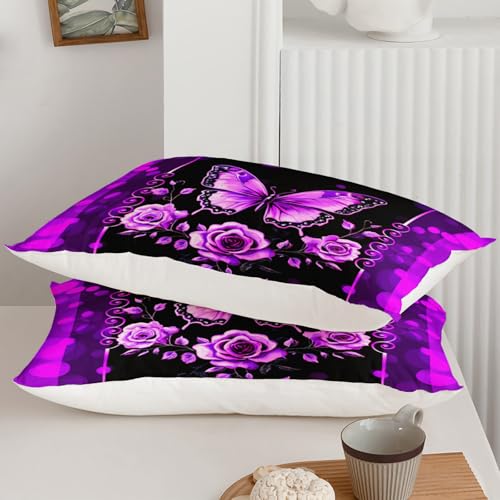 Image of QOOMO Cartoon Butterfly Kids Comforter Set,Flowers Print Bedding Set Full Size for Boys Girls Room Decoration,Purple Bed Set Microfiber Lightweight,1 Comforter 2 Pillowcases