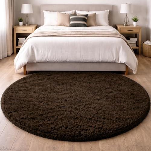 Image of Premium Polyester Shaggy Round Rug - Ultra Soft Fluffy Circle Carpet for Bedroom, Living Room, Kids Room, Anti-Skid Plush Floor Rug - (Coffee, 6 feet|180cm)